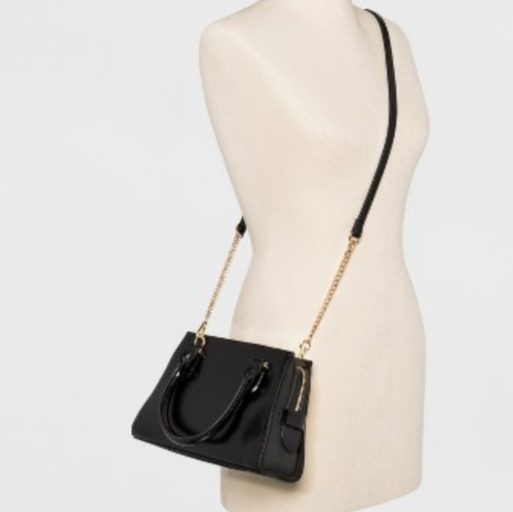 TRAPEZOID MIDI SATCHEL HANDBAG BLACK NEW - Picture 2 of 2